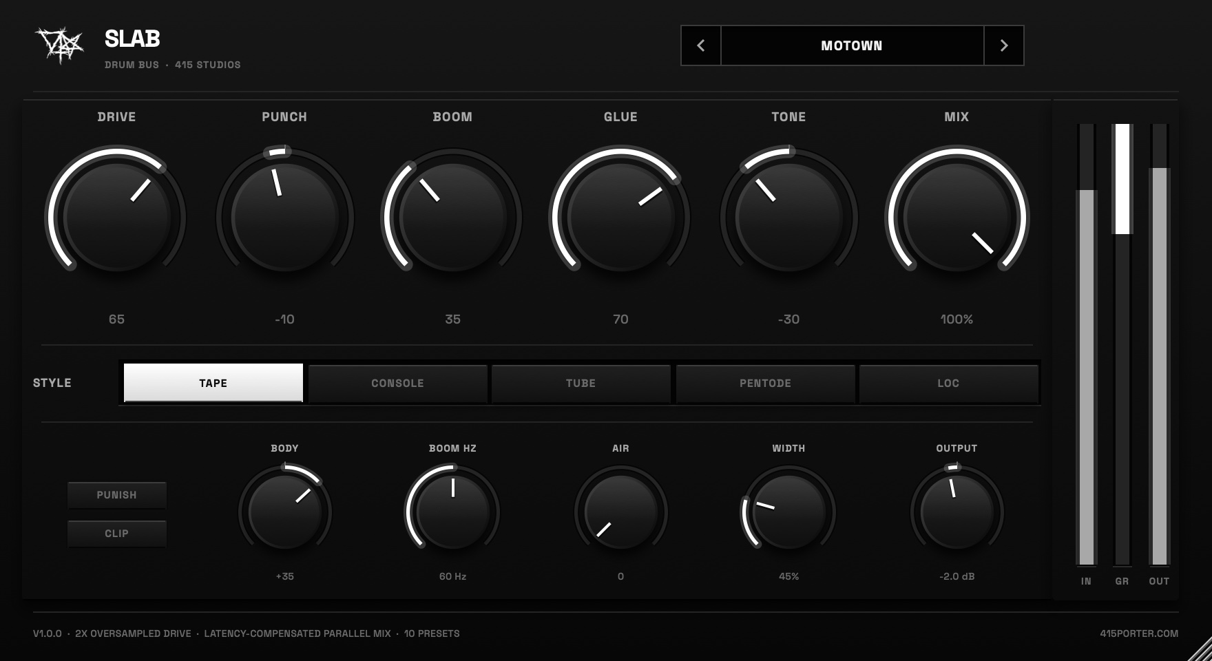 SLAB plugin window on the MOTOWN preset: six large knobs, a five-way style strip, five small knobs and three meters