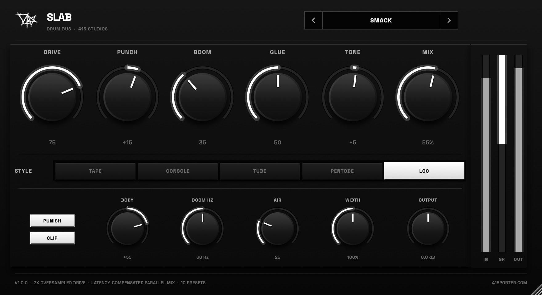 SLAB plugin window on the SMACK preset with the LOC circuit, PUNISH and CLIP engaged