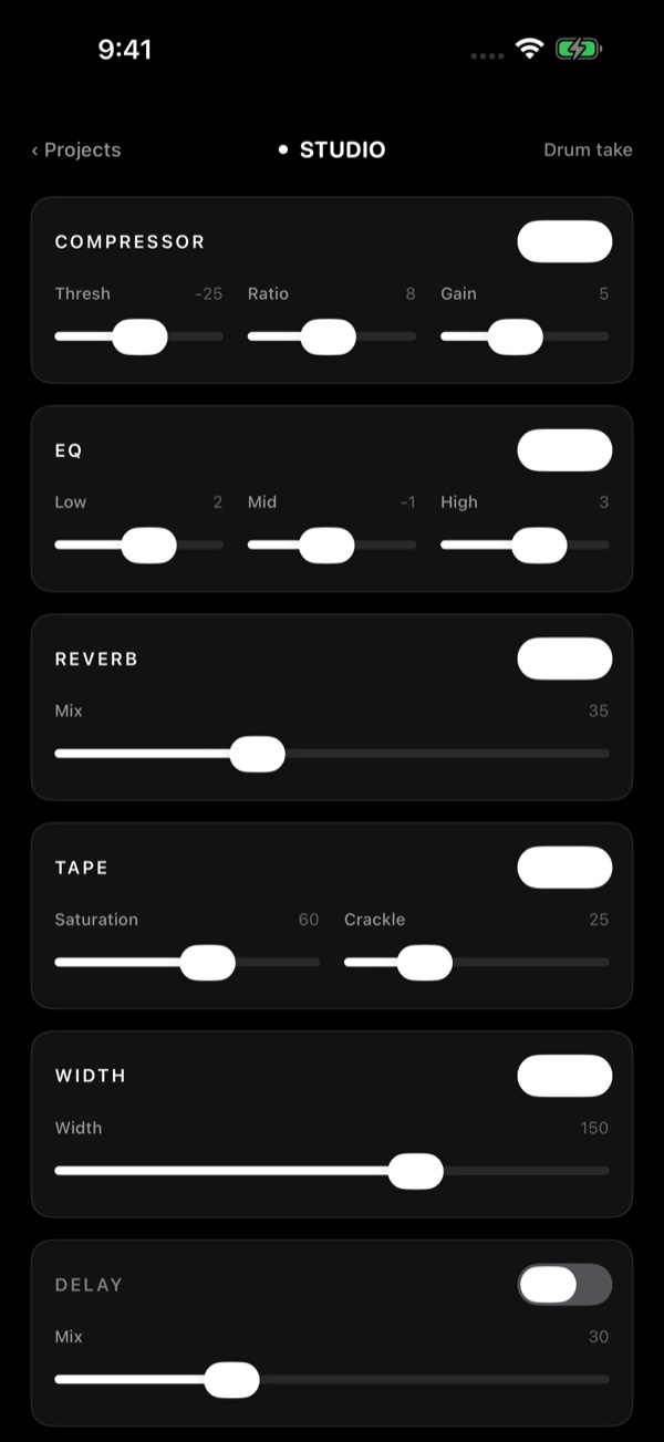 Effect modules in 415 Studios: compressor, EQ, reverb, tape, width and heat